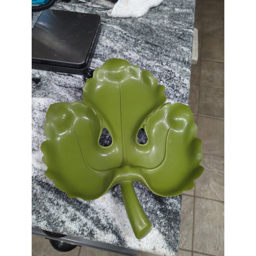 Vintage A Lucky Wish Serving Tray Dish Avocado Green MCM Plastic Leaf
